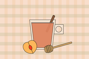 Illustration of a peach pie latte in a glass with a peach next to it and a honey stick.